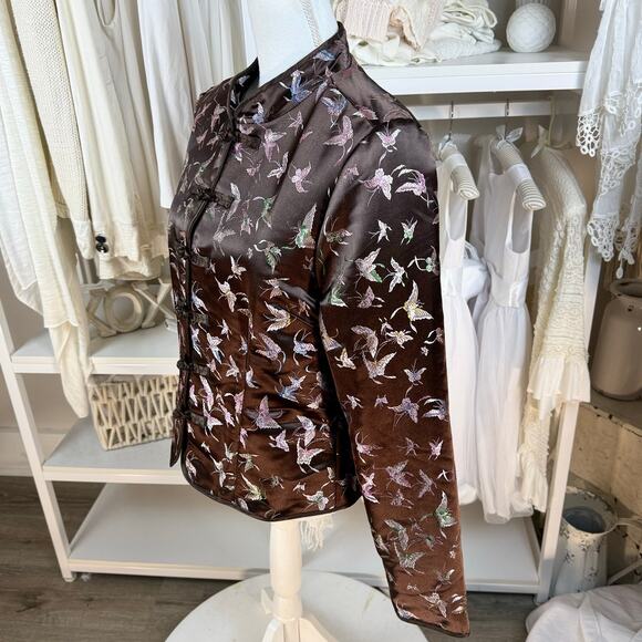 Old Navy sz. Large Vintage brown satin asian inspired jacket  butterflies #4260 - Picture 3 of 11